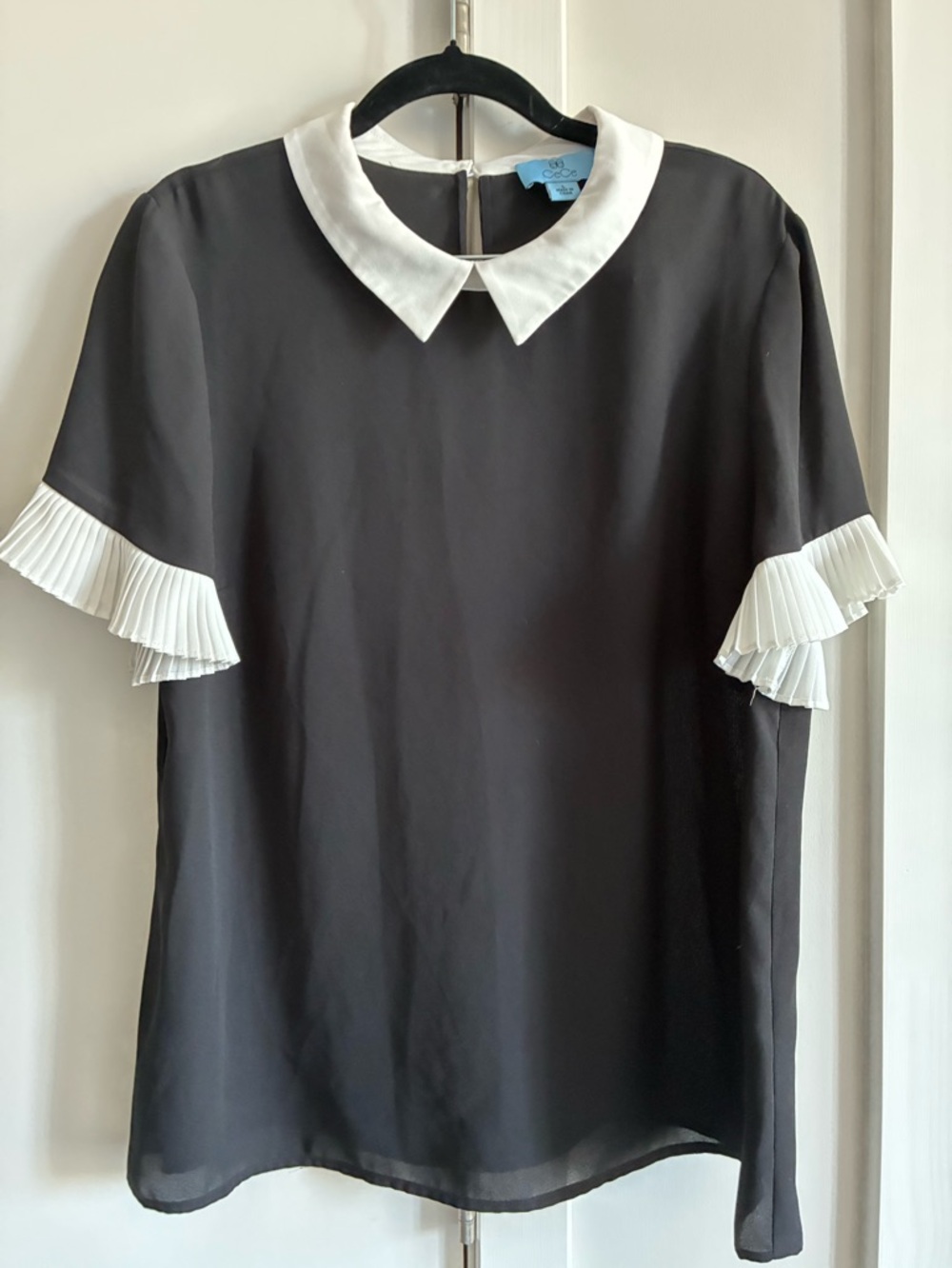 CeCe Black Blouse with White Peter Pan Collar and Pleated Sleeve Cuffs